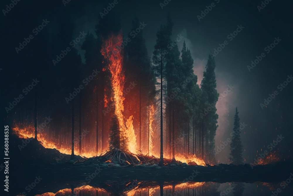Large flames of forest fire. Generative AI