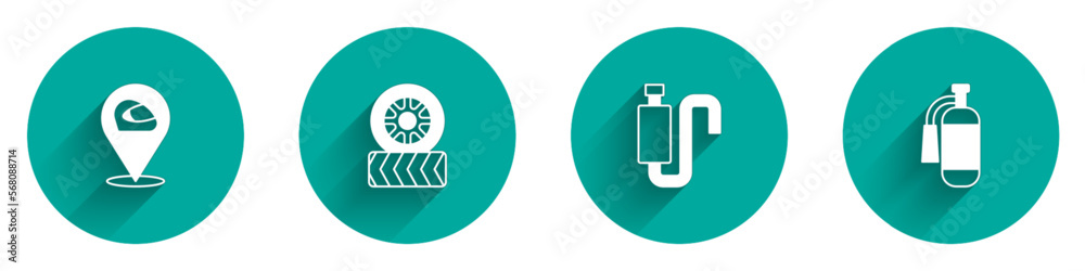 Set Racing helmet, Car tire wheel, muffler and Fire extinguisher icon with long shadow. Vector Set Racing helmet, Car tire wheel, muffler and Fire extinguisher icon with long shadow. Vector