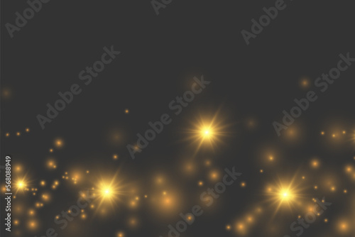 The dust sparks and golden stars shine with special light. Vector sparkles on a transparent background. Christmas light effect. Sparkling magical dust particles