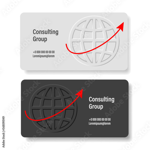 Corporate Business card template with volume world icon with red increasing arrow, business consulting card template