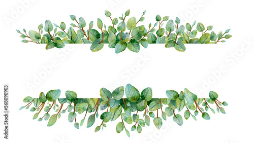 Watercolor wreath with green eucalyptus leaves and branches.