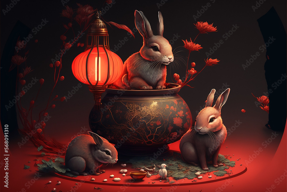 Tradycyjny chiński, rok Królika, Króliki, Traditional Chinese - Year of the Rabbit, Rabbits - AI Generated - obrazy, fototapety, plakaty 