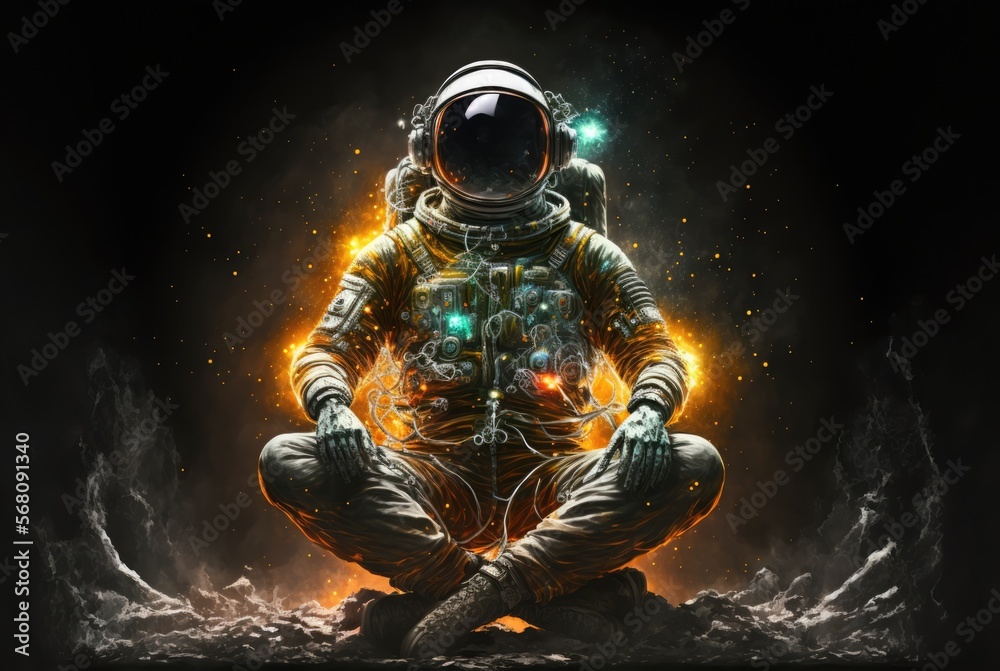 Esoteric spiritual yogi astronaut in lotus position meditation in the deep space mysterious. Mystical fantasy mood