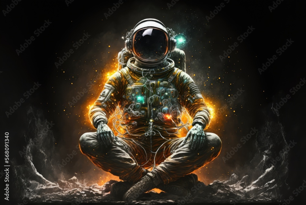 Fototapeta premium Esoteric spiritual yogi astronaut in lotus position meditation in the deep space mysterious. Mystical fantasy mood