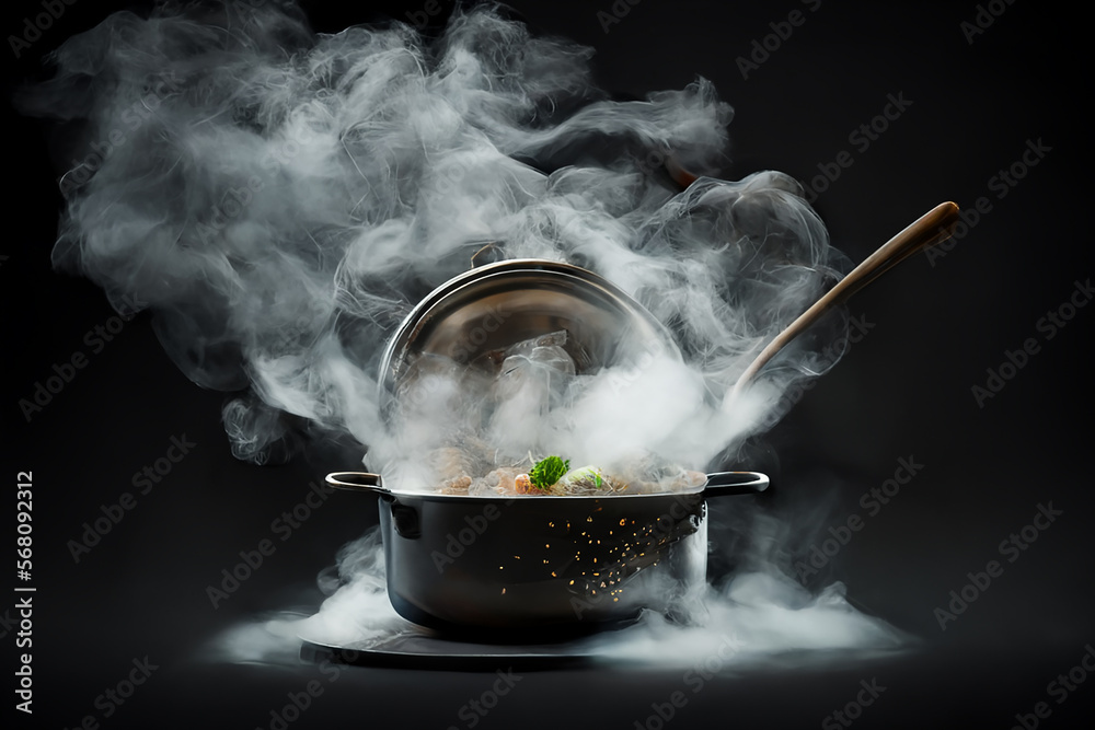 Metal pot with open lid and hot food with steam coming from it. Dark background. The chef. Generative AI - obrazy, fototapety, plakaty 