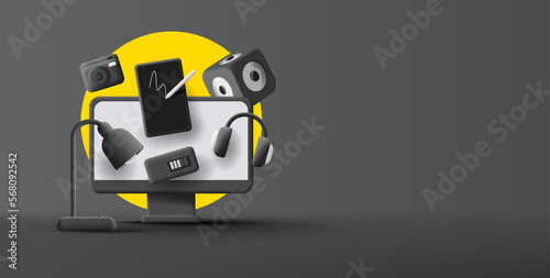 Smart gadgets electronics 3d render composition of desktop with tablet music box and photo camera around it, black mono chrome banner template