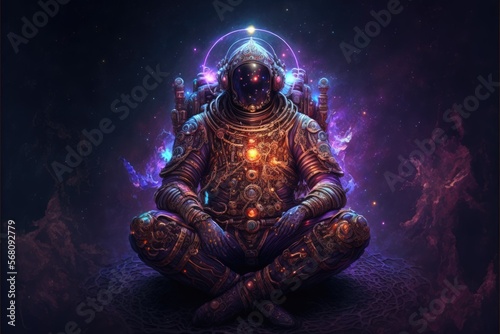 A space meditation of an astronaut sitting in a lotus pose in the middle of a nebula. Spiritual esoteric mood 