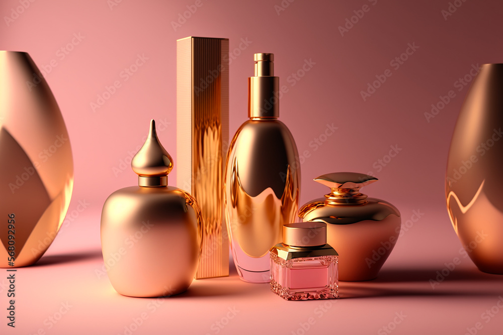 Beauty products, pink and gold cosmetic containers on pink background, beautiful female perfumes, cosmetics. AI generated image.