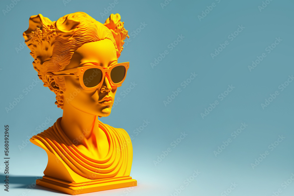 Bust sculpture with sunglasses. Sculpture in glasses, minimal concept art.  AI generated image. ilustração do Stock