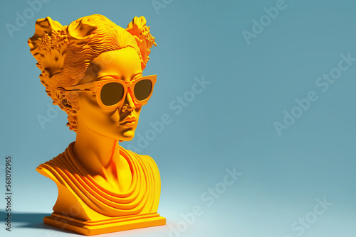 Bust sculpture with sunglasses. Sculpture in glasses, minimal concept art. AI generated image.