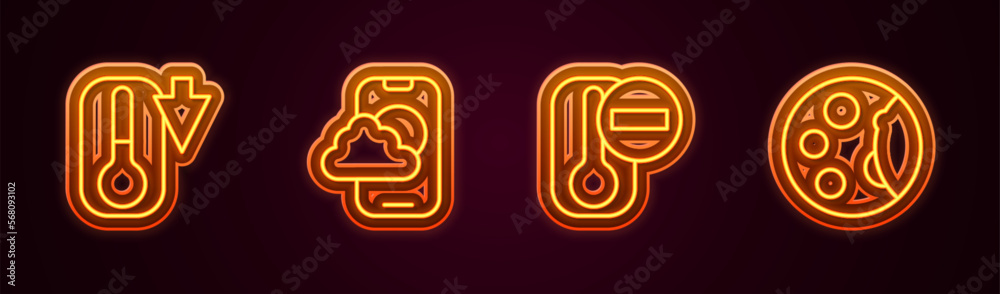 Set line Thermometer, Weather forecast app, and Moon phases. Glowing neon icon. Vector Set line Thermometer, Weather forecast app, and Moon phases. Glowing neon icon. Vector
