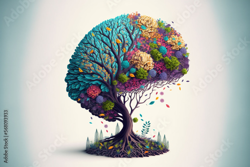 Human brain tree with flowers self care and mental health concept. AI generated. photo