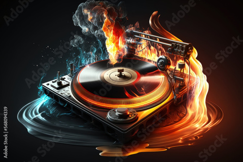 vinyl record player with a turntable. Disco DJ equipment from the past. Sound technology for music mixing and playing by DJs. Playing a vinyl record as a fire is blazing and there is smoke in the back