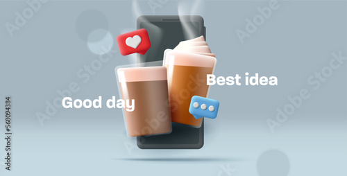Online coffee banner with 3d illustration of smartphone with glass coffee cups and likes