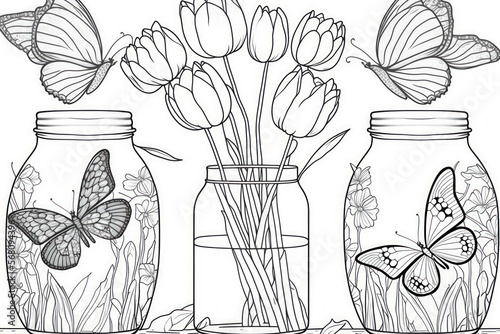 Obraz na płótnie Stress relieving coloring activity for kids and adults. Butterflies are positioned around tulips in water bottles. Generative AI w salonie