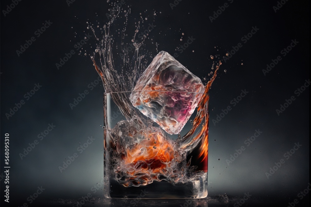 an ice cube with fire and water splashing out of it's sides on a black ...