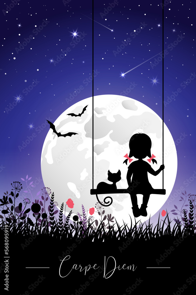 A little girl sits on a swing with a cat and looks at the moon.