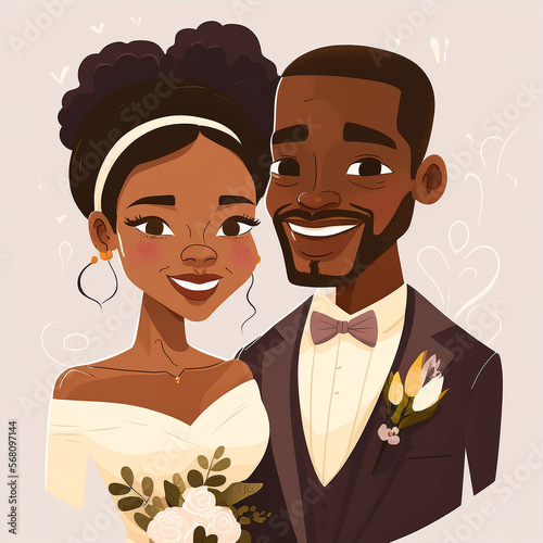 African American just married couple, bride and groom, cartoon illustration, Black bride and groom in fashionable clothing getting married. Wedding Ceremony, Contemporary Black Groom and Bride