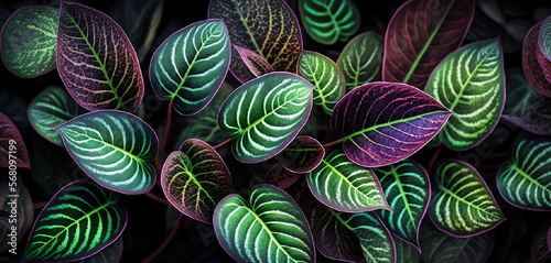 arrière-plan composé de feuilles vertes et violettes superposées - illustration ia