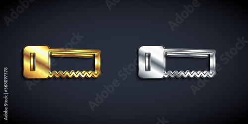 Gold and silver Hand saw icon isolated on black background. Long shadow style. Vector