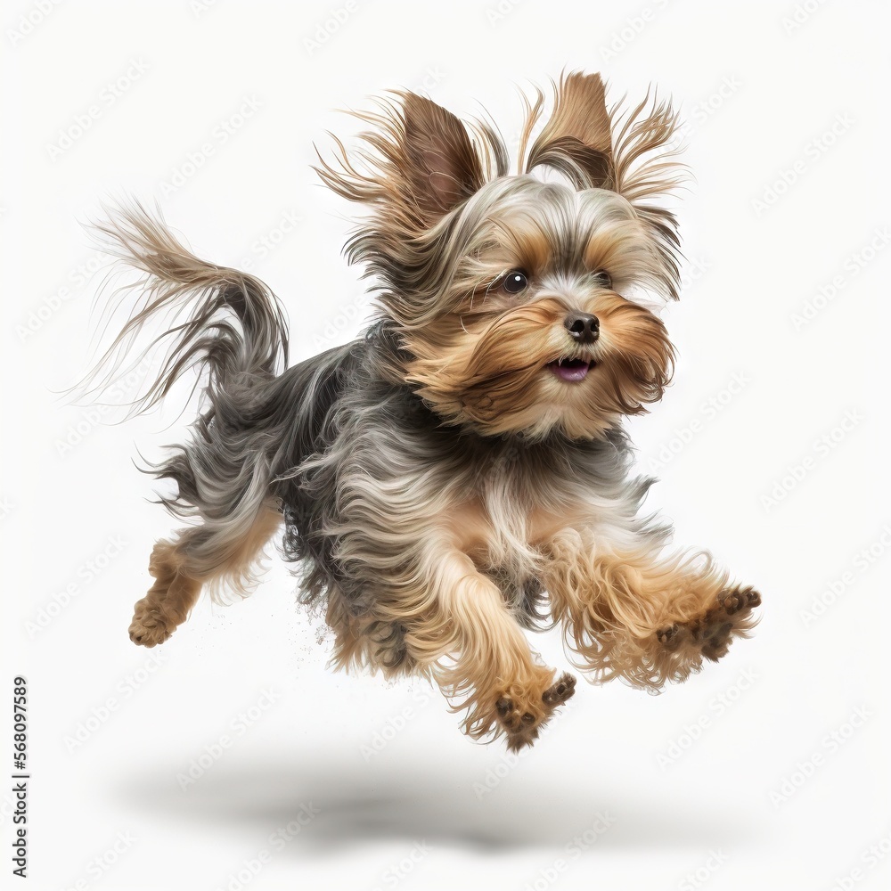a small dog is flying through the air with its front paws out and it's