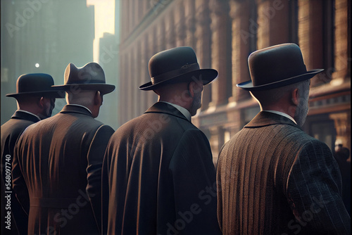 Peaky Blinders mafia men style 1900s. Back view. High quality Ai generated illustration. 