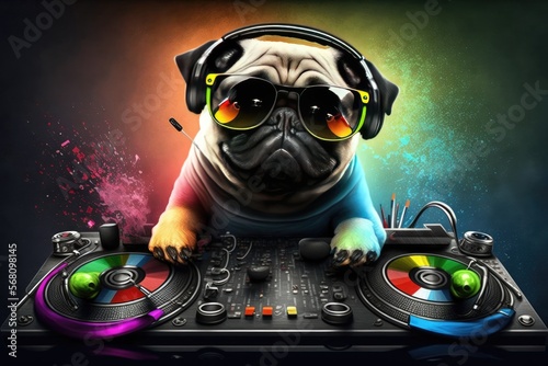 Dazzling DJ Dog Pug with Sunglasses and Headphones Spinning Music in a 3D Nightclub Generative AI