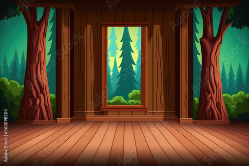 interior room backdrops with a wood texture set against a forest backdrop. Generative AI