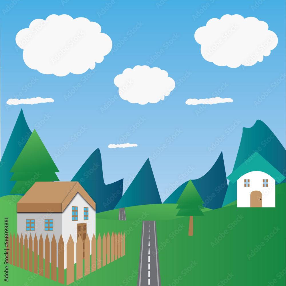 beautifull cartoon vector background..houses plants grass and blue sky beautifull cartoon vector background..houses plants grass and blue sky