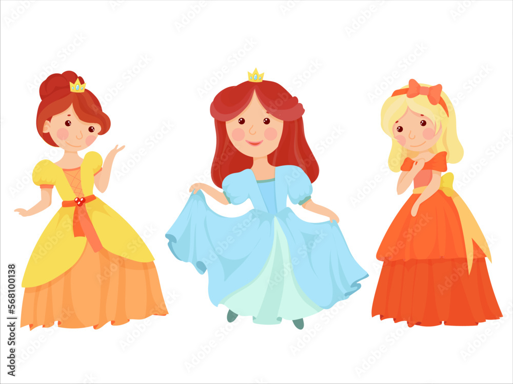 Cute princesses in gorgeous dresses. Fairytale characters. A girl in a magical costume. Middle Ages. Vector illustration isolated on white background. Cute princesses in gorgeous dresses. Fairytale characters. A girl in a magical costume. Middle Ages. Vector illustration isolated on white background.