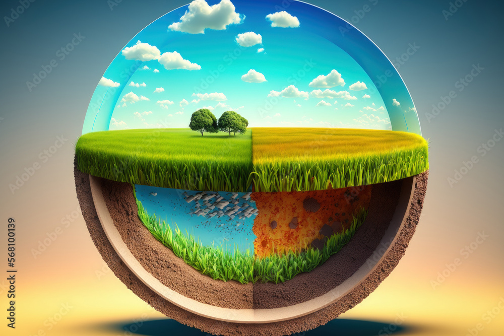 Surreal round dirt cutaway cross section isolated against sunny blue afternoon sky, fantasy circle podium grass field with river. Generative AI