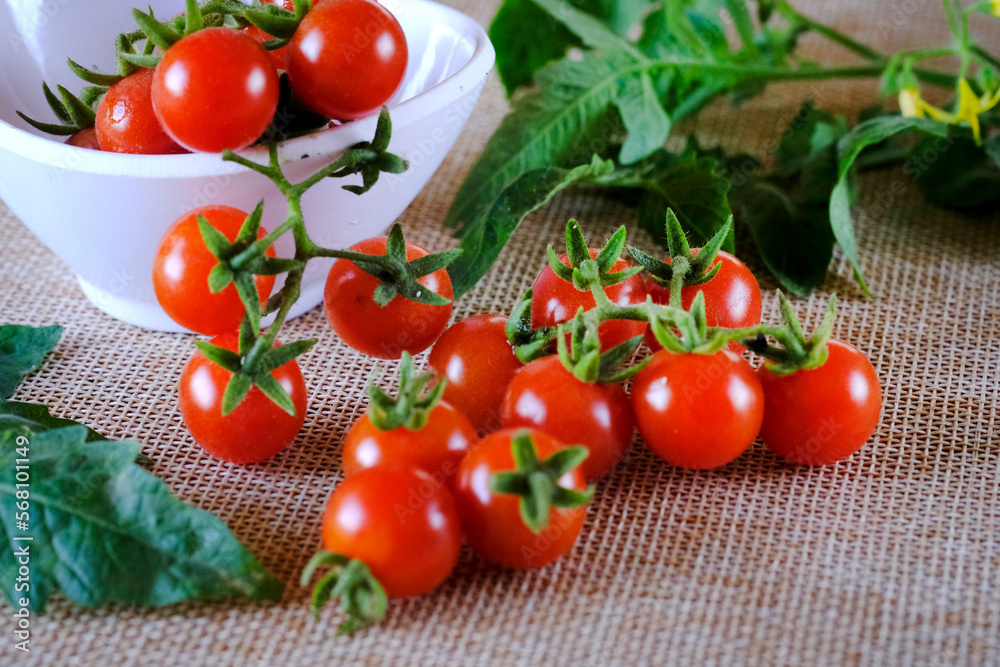Cherry tomatoes, Bunch of fresh, red tomatoes with green stems, Selective focus. Cherry tomatoes, Bunch of fresh, red tomatoes with green stems, Selective focus.