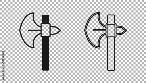 Black Medieval axe icon isolated on transparent background. Battle axe, executioner axe. Medieval weapon. Vector