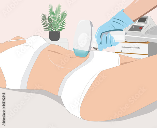 Illustration. Epilation hair removal procedure on a woman’s face. Beautician doing laser rejuvenation in a beauty salon. Removing unwanted body hair.	
