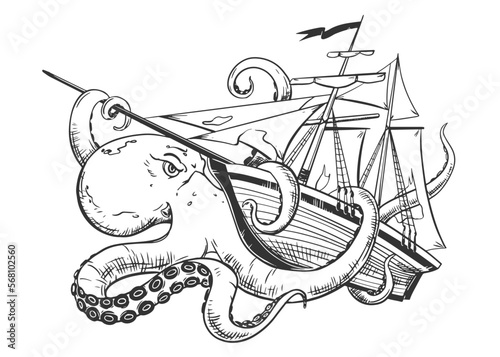 An angry kraken is attacking a commercial sailboat. The octopus wraps its tentacles around the sailboat and pulls it to the bottom. Vector image of a monster for logo and t-shirt or mascot print.