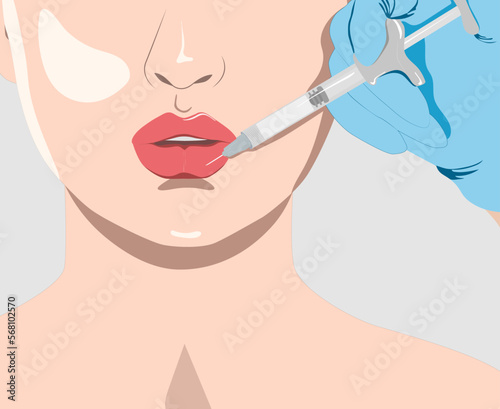 Cosmetologist does lip augmentation procedure of a beautiful woman. Cosmetology concept. vector image