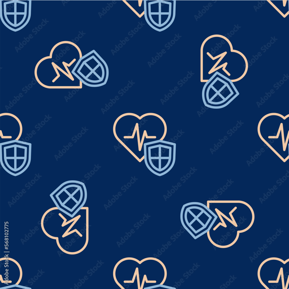 Line Life insurance with shield icon isolated seamless pattern on blue background. Security, safety, protection, protect concept. Vector Line Life insurance with shield icon isolated seamless pattern on blue background. Security, safety, protection, protect concept. Vector