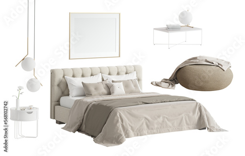 A set of isolated bedroom furniture 4. Perspective view. Beige bed with pillows, blanket, blank poster, lamp on nightstand, plaid on knitted ottoman, decor on round nightstand, pendant lamp. 3d render