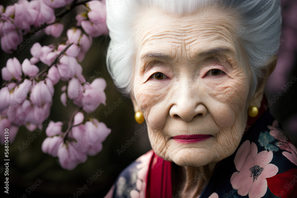 Obraz premium An old japanese woman dressed in the traditional geisha style wearing a kimono with a floral pattern. generative ai. Geisha