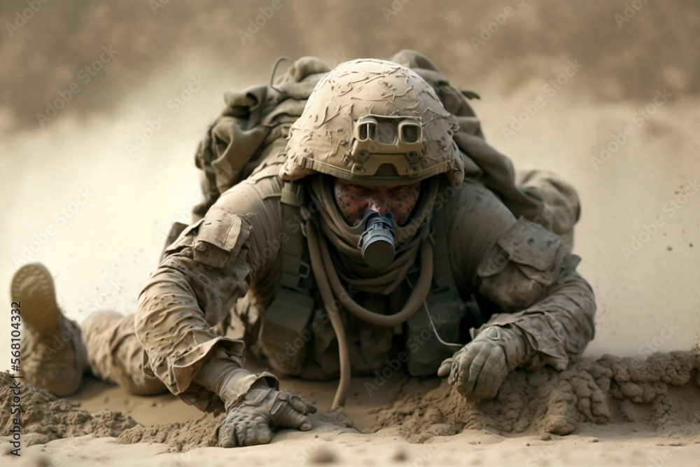 Portrait d'un militaire avec un masque à gaz, rampant sur le sable après une explosion, généré par IA Portrait d'un militaire avec un masque à gaz, rampant sur le sable après une explosion, généré par IA
