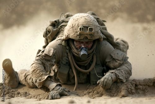 Portrait d'un militaire avec un masque à gaz, rampant sur le sable après une explosion, généré par IA