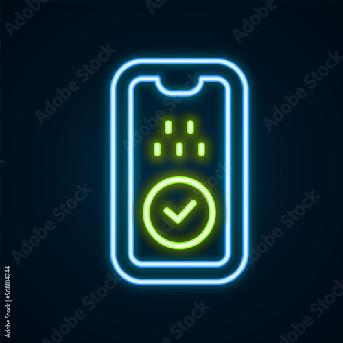 Glowing neon line Taxi mobile app icon isolated on black background. Mobile application taxi. Colorful outline concept. Vector