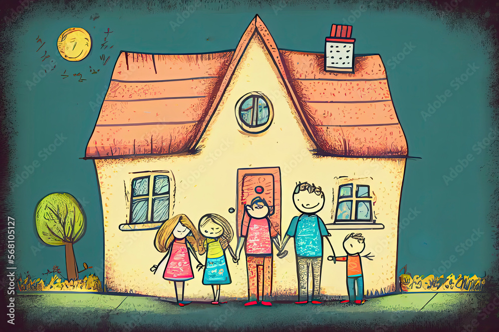 Kids drawing Happy family Mother, father, sister, brother Happy mom and