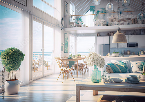 Beach house interior. Generative AI