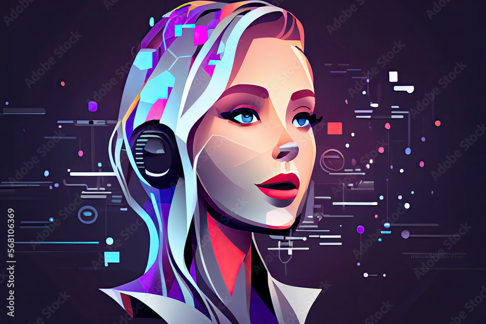 Virtual assistant voice recognition service technology. AI artificial  intelligence robot support. Chatbot beautiful female face low poly vector  illustration Stock Illustration | Adobe Stock