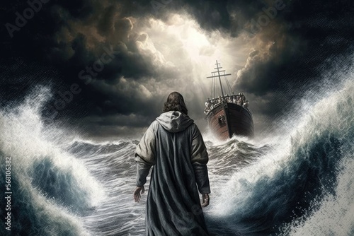 Jesus Walks on Water  towards a boat Across the Sea in a Storm A Biblical Theme Concept Generative AI photo
