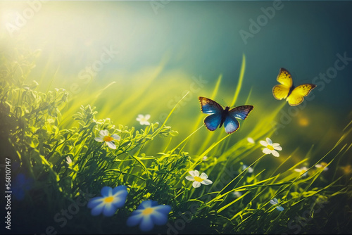 Butterfly on purple white violet red flowers in field of grass in sunlight  lens flare. Spring summer fresh artistic image of beauty morning nature. Selective soft focus.