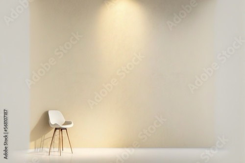  a white chair sitting in front of a white wall with lights on the sides of it and a white chair in front of a white wall.  generative ai photo