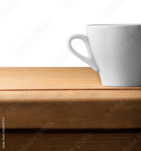 White coffee cup on a wooden deck