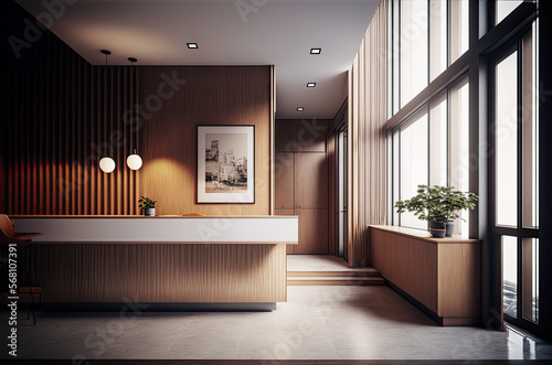 Japanese hotel design, reception desk, wood. Generative AI
